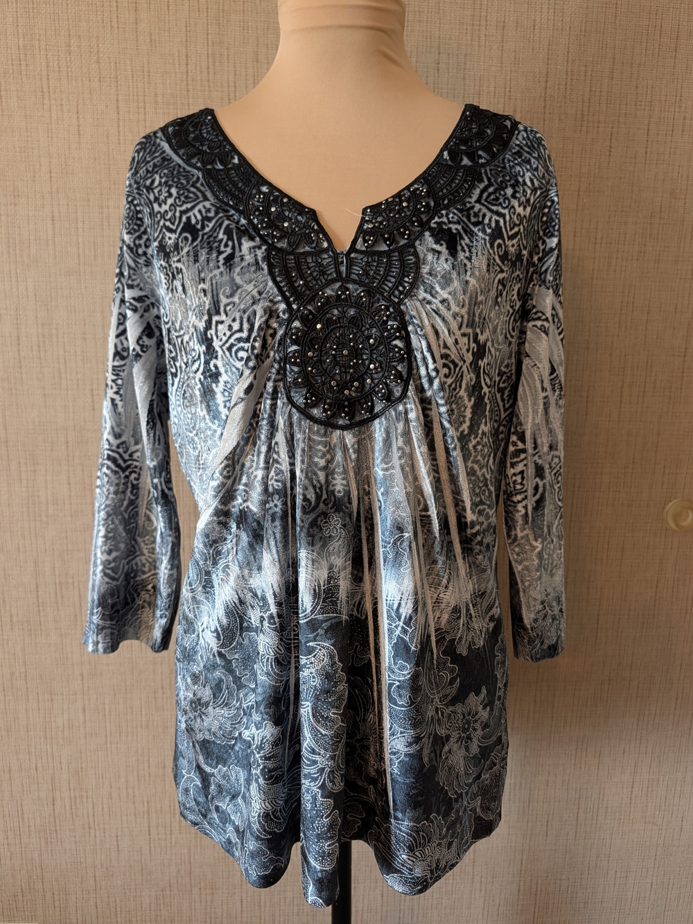 ONE WORLD Black and Gray Beaded Velvet V-Neck Tunic